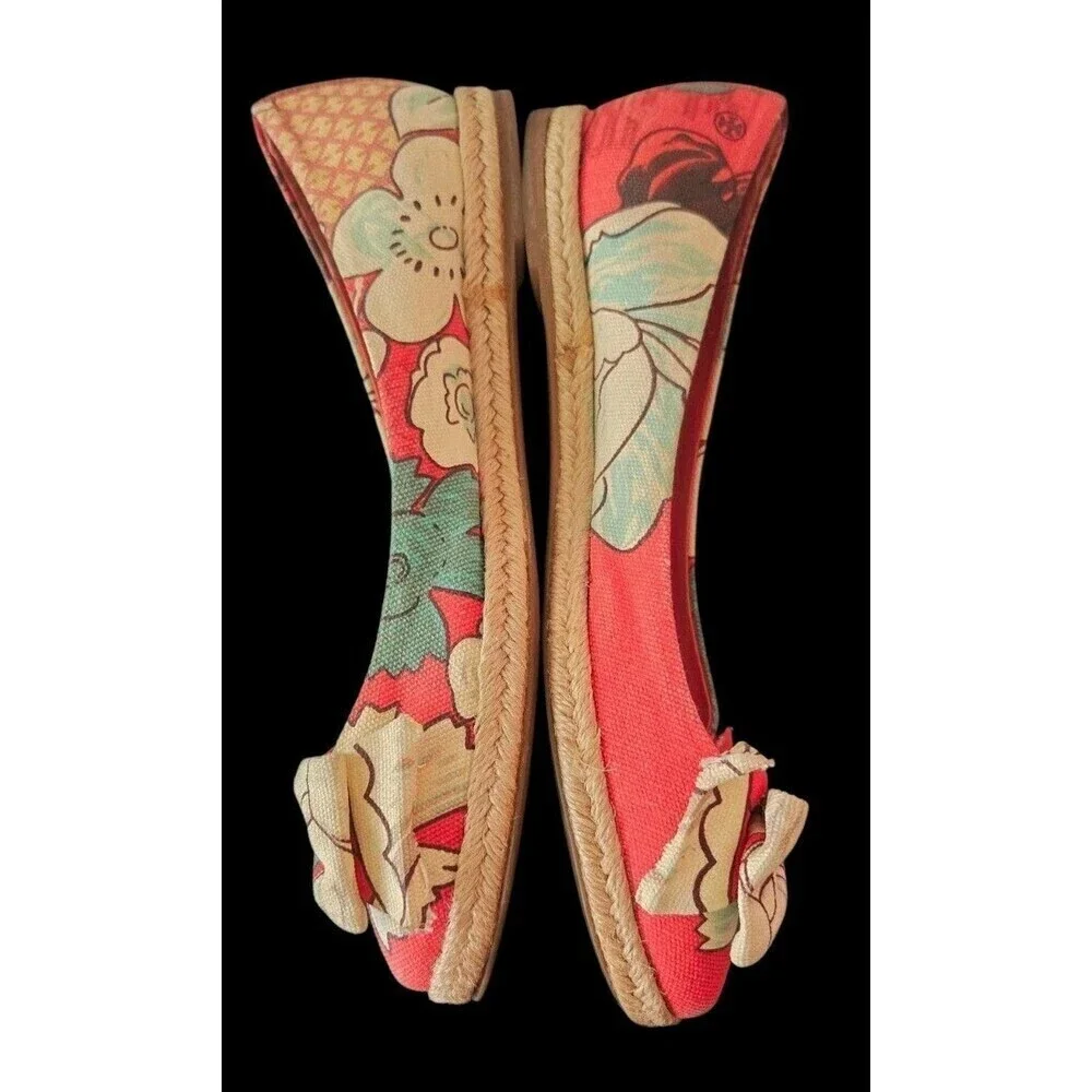 Tory Burch Tasmin Red Floral Print Espadrille Flats Canvas Jute Sole Women's 7B
